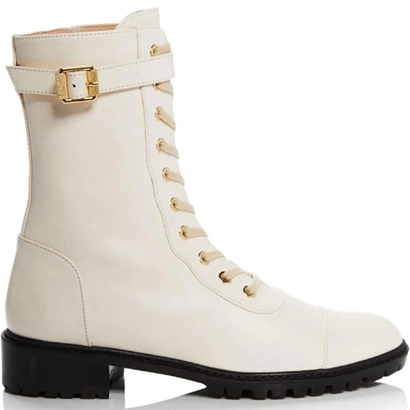 Stuart Weitzman Thalia Leather Combat Lace-up Boots in Ivory NWT - Picture 1 of 9